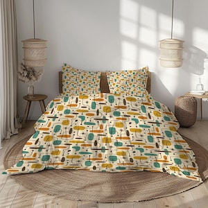 Può includere: Un set di biancheria da letto in stile moderno della metà del secolo. Lo sfondo color crema presenta un motivo ripetuto di forme astratte in verde acqua, arancione, giallo e marrone. Il set include un copripiumino e due federe.