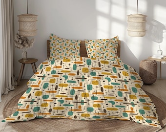 Mid Century Modern Duvet Cover Set – Retro Geometric Bedding in Teal and Mustard
