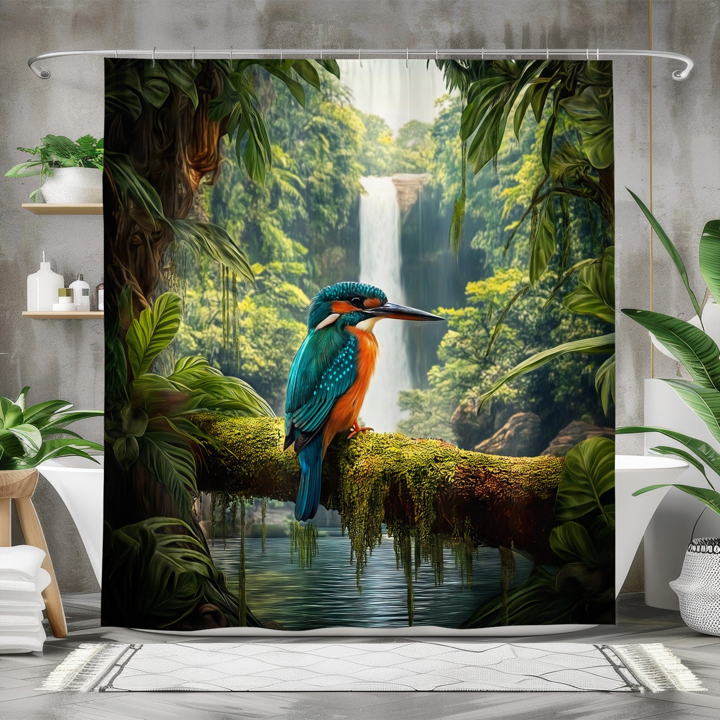 Tropical Kingfisher Shower Curtain Vibrant Bird and Waterfall Design for Nature inspired Bathroom Decor Multiple Sizes Etsy UK