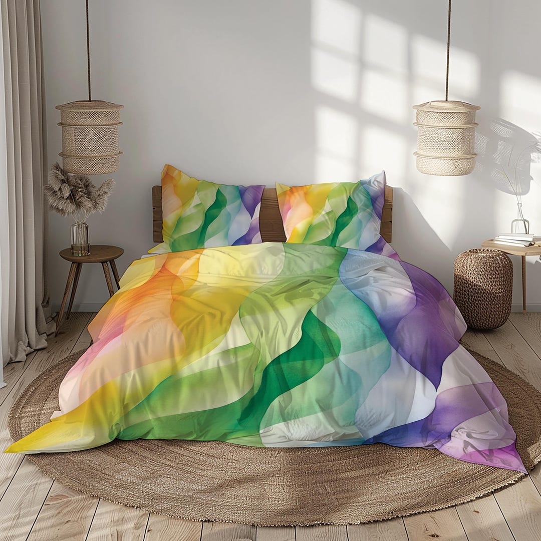 Rainbow Wave Microfiber Bedding Set: Vibrant Duvet Cover & Pillowcases ...