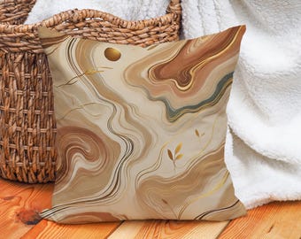 Earthy Marble Pillow Cover – Neutral Abstract Cushion with Gold Accents, Modern Minimalist Home Decor