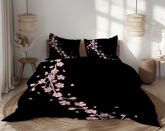 Housse de couette fleur de sakura noire Literie florale japonaise Couette branche de cerisier rose élégante décoration de chambre minimale