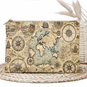 Trousse à maquillage vintage carte du monde - Trousse à cosmétiques inspirée du voyage, design rétro boussole, organiseur à fermeture à glissière, parfait pour les amateurs de voyage