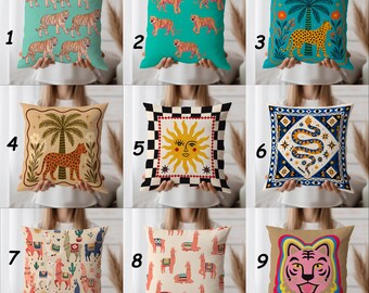 Folk Art Animal Pillow Cover Tiger Leopard Llama Sun Snake Colorful Boho Cushion