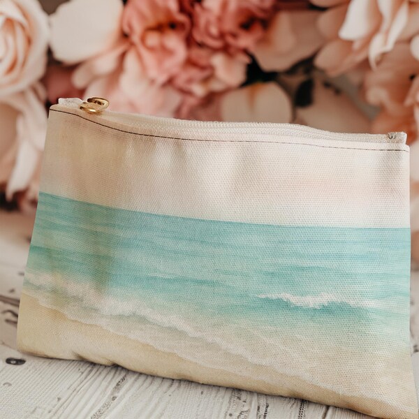 Beach Makeup Bag – Ocean Wave Travel Pouch for Women – Coastal Zipper Cosmetic Organizer – Summer Gift for Beach Lovers