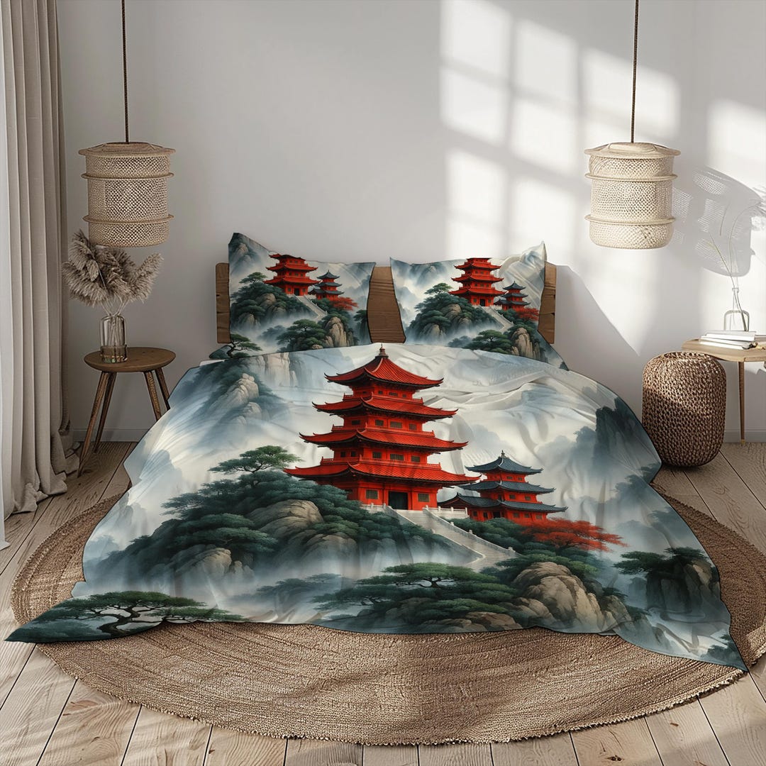 Asian Pagoda Bedding Set: Oriental Landscape Duvet Cover - Etsy Australia