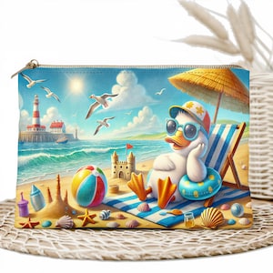 Borsa per il trucco Summer Beach Duck - Divertente astuccio per cosmetici, custodia con cerniera, organizer da viaggio, regalo perfetto per donne, ragazze e amanti dell'estate