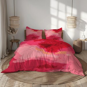 Red Pink Blush Abstract Duvet Cover Set, Watercolor Gradient Bedding, Soft Romantic Comforter Cover, Modern Bedroom Decor