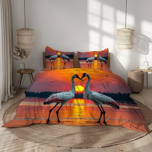Sunset Crane Duvet Cover Set: Vibrant Bedding with Pillowcases
