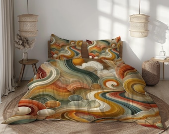 Retro Abstract Bedding Set with Duvet Cover and Pillowcases, Swirling Green, Orange, Beige, and Yellow Tones for Vintage-Inspired Décor