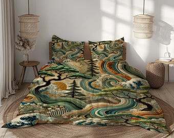Japanese Landscape Bedding Set, Duvet Cover with Pillowcases in Earthy Green, Orange, Blue, and Beige Tones, Artistic Microfiber Fabric
