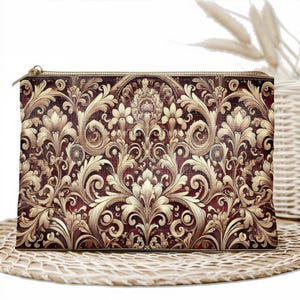 Pochette baroque à fermeture éclair, trousse de maquillage bordeaux et or, pochette rococo élégante, pochette de voyage victorienne, trousse à cosmétiques ornée, cadeau pour elle