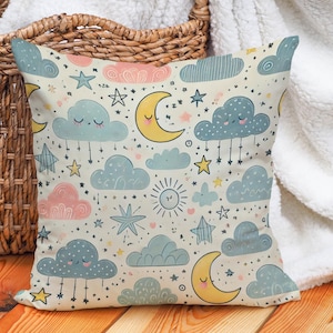 Funda de almohada celestial caprichosa / Cojín decorativo con luna, estrellas y nubes / Bonita decoración para habitación infantil o infantil