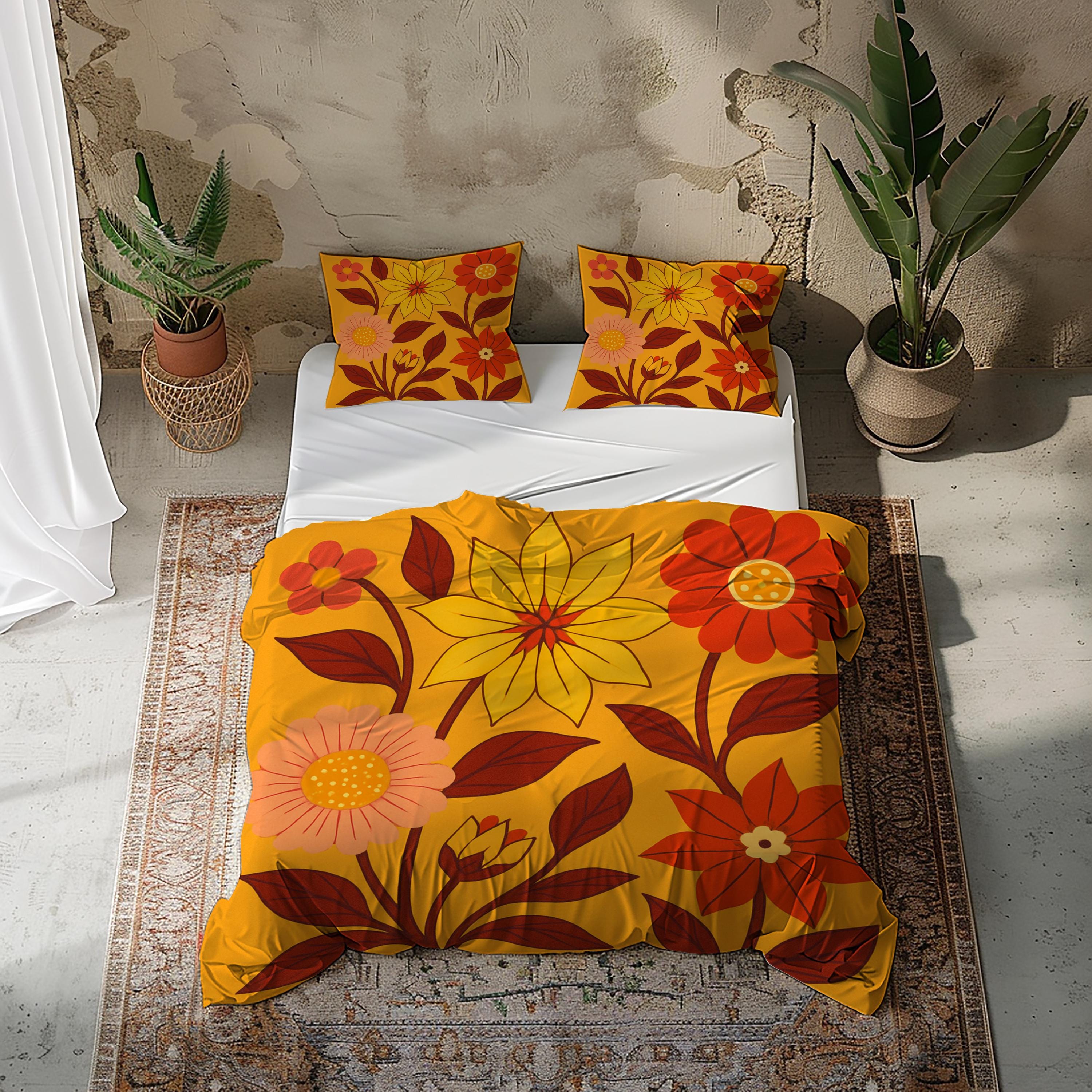 レトロフローラル寝具セット：イエロー、オレンジ、レッドの花柄