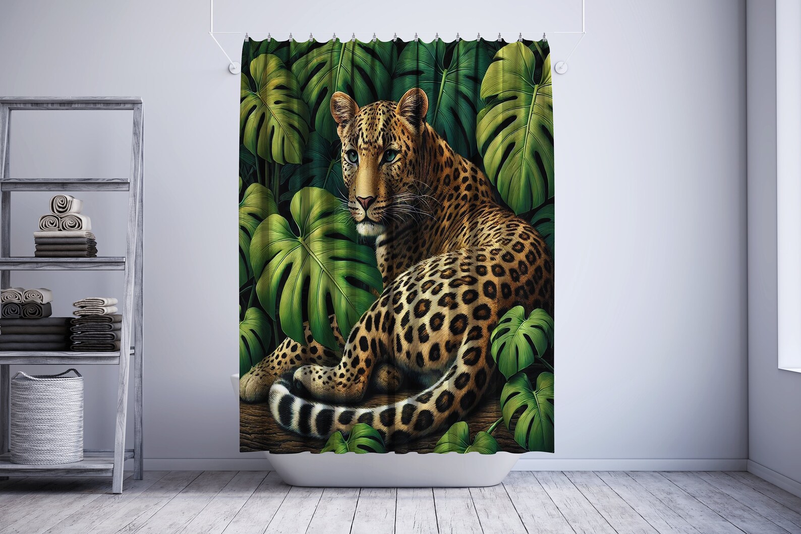 Elegant Leopard Jungle Shower Curtain Exotic Wildlife Decor for