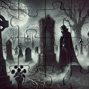 Gothic Cemetery Wooden Jigsaw Puzzle | Adult Puzzle 200, 300, 500, 1000 Pieces | Dark Fantasy Art, Perfect Gift