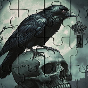 Wooden jigsaw puzzle for adults, gothic raven with key on skull under full moon, 200-1000 pieces, premium box packaging