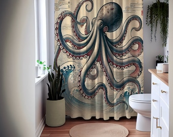 Japanese Octopus Shower Curtain – Vintage Ukiyo-e Inspired Ocean Art | Multisize, Rings Included