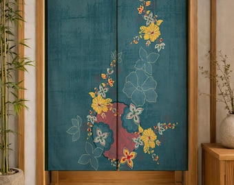 May include: A teal fabric noren curtain featuring a vertical arrangement of yellow hibiscus flowers, red circular accents, and white embroidered floral outlines. The textile has a textured, distressed appearance and is split down the center.