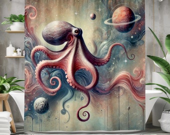 Cosmic Octopus Shower Curtain: Surreal Sci-Fi Bathroom Decor