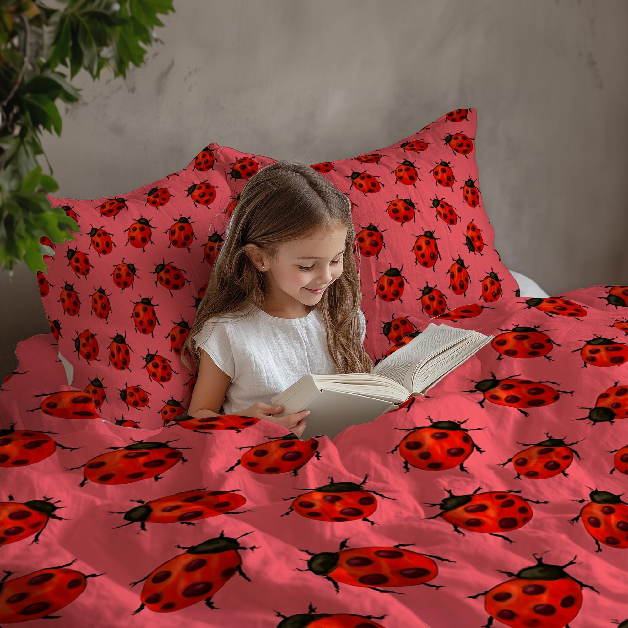 Ladybug Duvet Cover Set: Coral Pink & Red Nature-inspired Bedding
