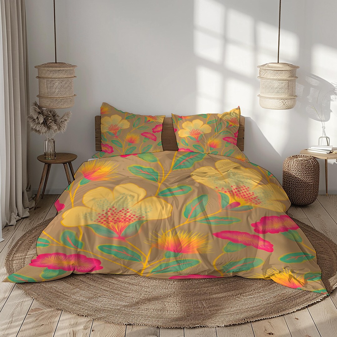 Floral Duvet Cover Bedding Set – Yellow, Pink, Green, Brown – Soft ...