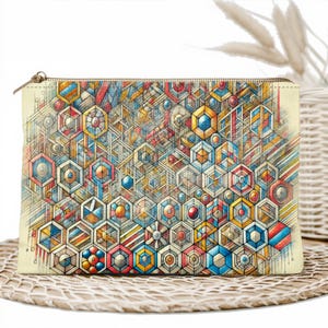 Trousse géométrique, pochette à fermeture éclair art 3D abstrait, sac de papeterie moderne pour l'école et le bureau, organiseur en tissu fait main, pochette futuriste