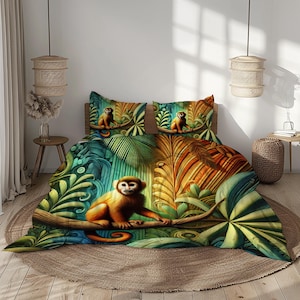 Juego de ropa de cama Jungle Monkey: Funda nórdica de microfibra con estampado de bosque tropical.