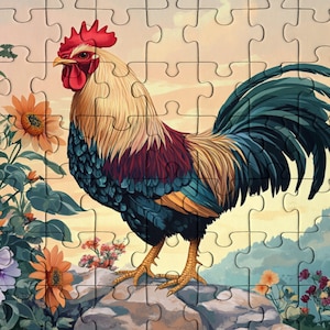 Rooster Wooden Jigsaw Puzzle: Farmhouse Garden Scene