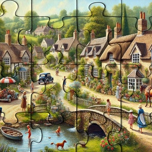 Charming Village Scene Wooden Jigsaw Puzzle: Countryside Cottage Art