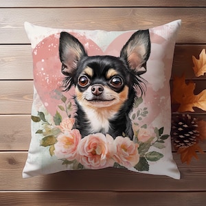 Funda de almohada con forma de chihuahua, bonito cojín decorativo con retrato de mascota, detalle de corazón floral para la decoración del hogar de los amantes de los perros