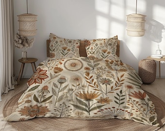 Vintage Floral Bedding Set - Cream, Beige, Burnt Orange, Olive Green - Soft Microfiber Duvet Cover & Pillowcases (No Comforter)