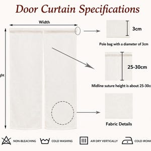 May include: A white door curtain with technical specifications including a 3cm pole bag diameter, a 25-30cm midline suture height, and fabric details. Care instructions include non-bleaching, cold washing, air dry vertically, and cold ironing.