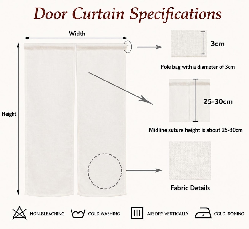May include: A white door curtain with technical specifications including a 3cm pole bag diameter, a 25-30cm midline suture height, and fabric details. Care instructions include non-bleaching, cold washing, air dry vertically, and cold ironing.