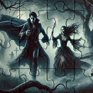 Vampire Chase Wooden Jigsaw Puzzle for Adults, 200, 300, 500, 1000 Pieces, Gothic Horror Scene, Dark Fantasy, Gift Boxed Puzzle