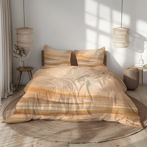 May include: A bed with a beige and orange striped duvet cover and two matching pillowcases. The bedding is on a wooden bed frame, and the room has a neutral color palette with a round woven rug.