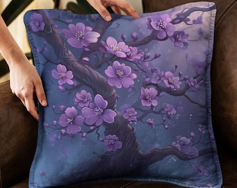 Purple Blossom Tree Pillow Cover • Artistic Floral Cushion Cover in Blue and Violet Tones • Decorative Throw Pillow for Elegant Home Decor
