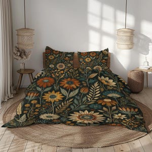 Vintage Floral Bedding Set, Dark Green Orange Yellow Duvet Cover, Boho Botanical Print, Soft Microfiber Quilt Cover, Cozy Bedroom Decor