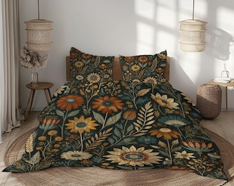 May include: A floral duvet cover set featuring a dark background with large, stylized flowers in shades of orange, yellow, and cream. The design includes various leaves and botanical elements. The set includes a duvet cover and two pillowcases.