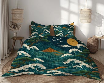 May include: Bedding set featuring a Japanese-inspired design with a dark teal background, depicting ocean waves, mountains, trees, and a full moon. The set includes a duvet cover and two pillowcases, creating a cohesive aesthetic for the bedroom.