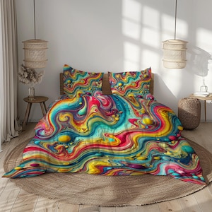 Può includere: Un copripiumino colorato con un motivo astratto a spirale in tonalità di blu, giallo, rosso e verde. Il copripiumino presenta un design unico, simile a un liquido.