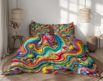 Set di biancheria da letto psichedelica: copripiumino astratto con vortici colorati