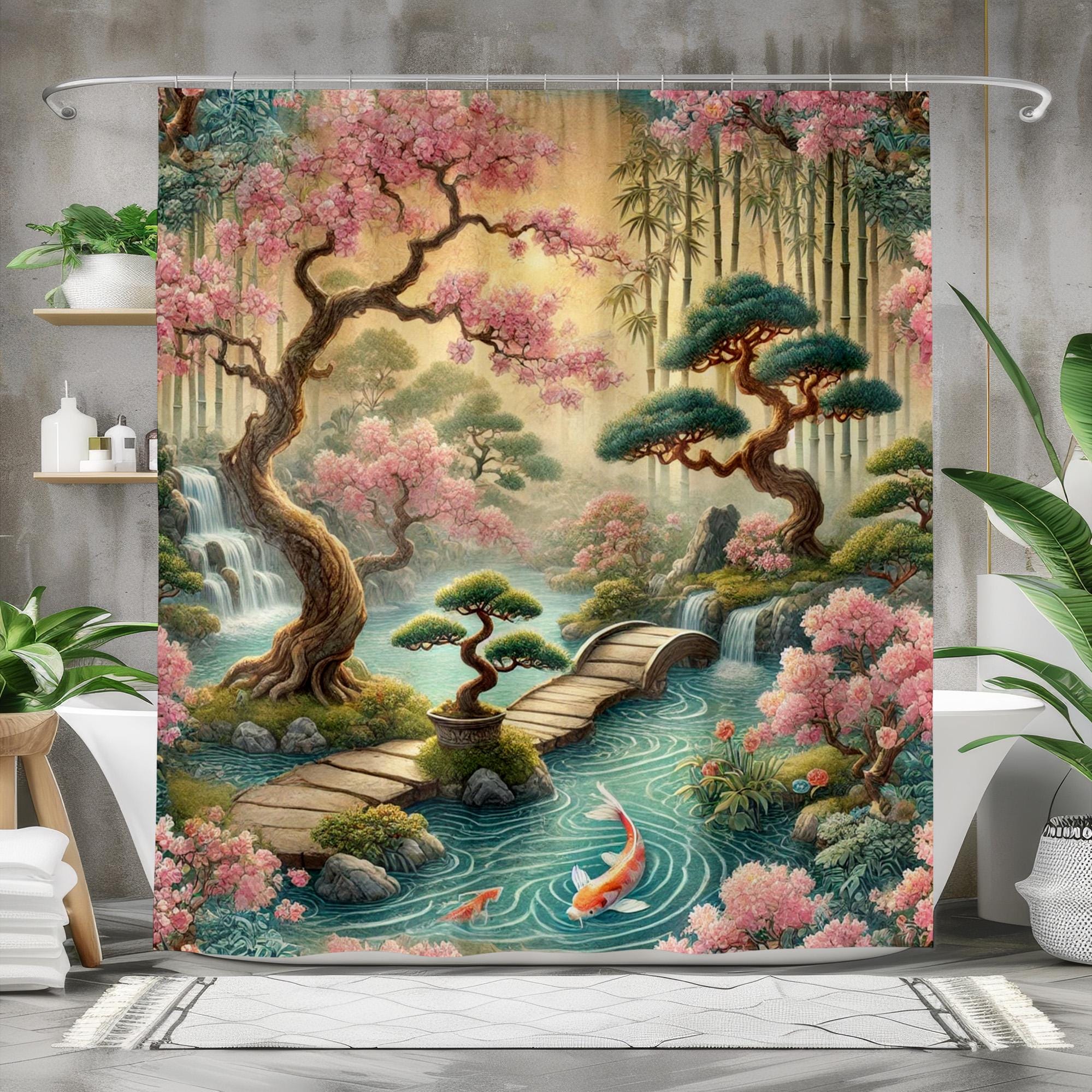 SDOTPMT 180x213cm Aziatische Kersenbloesem douchegordijn Japanse Mount Fuji Perzik Bloesem Tak Badkuip Gordijn Zonsopgang Mist Badkamer gordijn voor Badkamer Decor Stof Waterdicht met haken