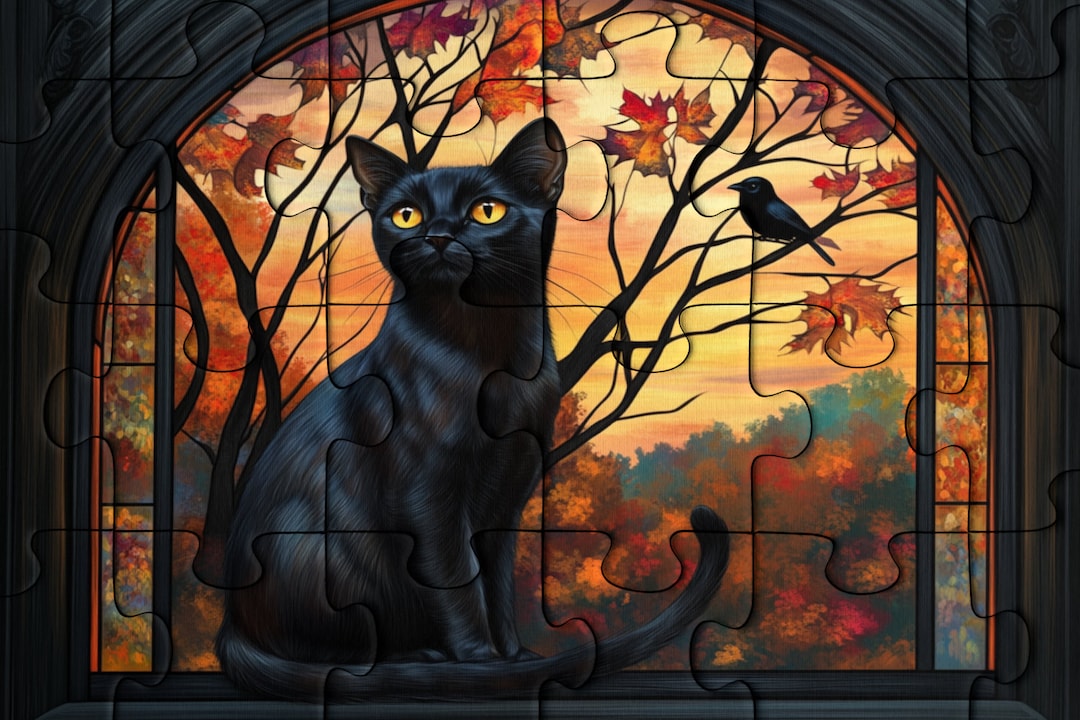 Black Cat Wooden Jigsaw Puzzle: Autumn Sunset Scene - Etsy