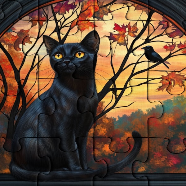 Black Cat Wooden Jigsaw Puzzle: Autumn Sunset Scene
