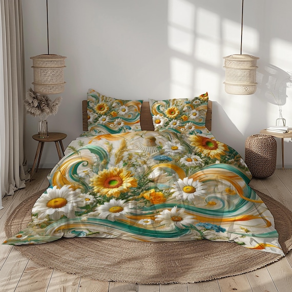 DAISYBL 花柄羽毛布団 160x220cm ひまわりデイジー寝具セット（渦巻き花柄、羽毛布団カバーと枕カバー