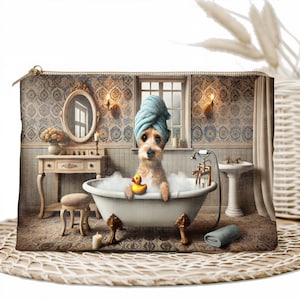 Adorabile borsa per il trucco da bagno per cani - Borsa cosmetica vintage, custodia con cerniera, regalo perfetto per donne, ragazze e amanti degli animali