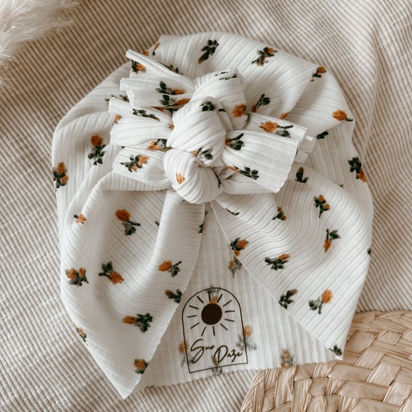 Dandelion yellow floral baby turban - messy bow turban, baby head wrap, neutral knot turban, newborn turban, messy bow, baby gift