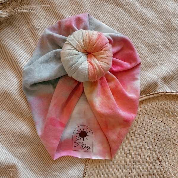 Tie dye baby turban - messy bow turban, baby head wrap, knot turban, newborn turban, messy now, baby gift