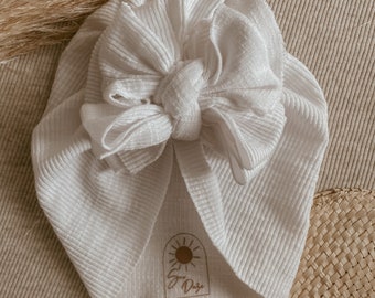 WHITE RIBBED  baby turban - messy bow turban, baby head wrap, knot turban, newborn turban, messy now, baby gift